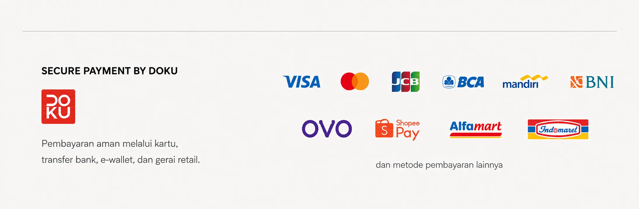 Secure Payment by DOKU dengan Visa, Mastercard, JCB, BCA, Mandiri, BNI, OVO, ShopeePay, Alfamart, dan Indomaret.